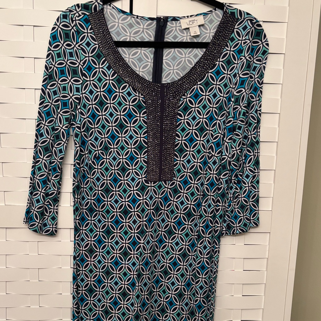 Loft Teal And Black Long Sleeve Dress